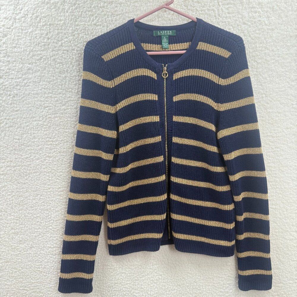 Lauren Ralph Lauren Striped Metallic Cardigan Cotton Sweater Navy & gold Zipper